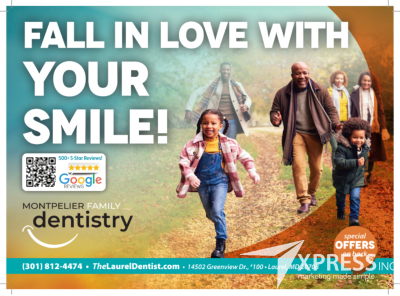 A fall-themed promotional flyer for Montpelier Family Dentistry featuring a family walking outdoors, with contact details.