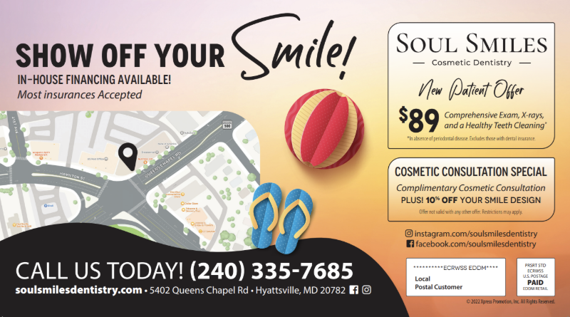 Soul Smiles Dentistry promotional mailer featuring a map, contact info, and special offers for new patients.