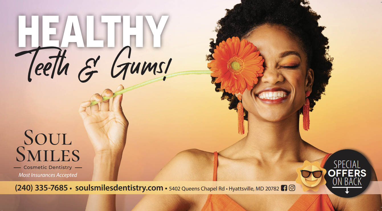 A dental ad featuring a smiling person holding a flower over one eye. Includes contact info and “Special Offers Inside.”