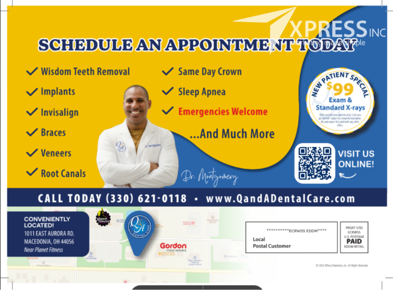 Dental marketing flyer for Q and A Dental Care featuring a dentist, services list, contact info, and $99 new patient offer.