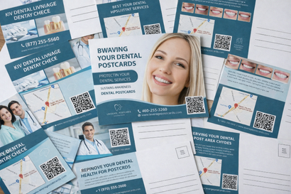 A collection of teal and white dental marketing postcards featuring a smiling woman, dental imagery, and QR codes.