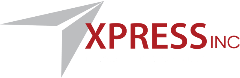 Logo for XPRESS INC with a grey paper airplane icon pointing left followed by the text in dark red.