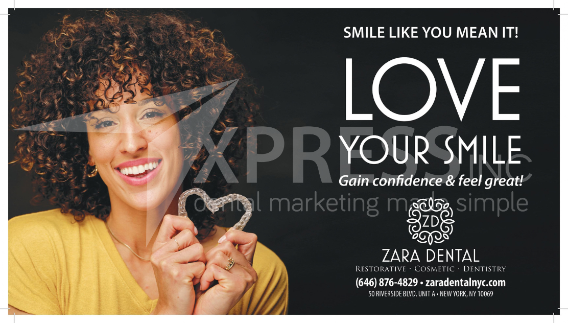 Dental implant advertisement featuring a smiling person holding a phone and contact information for ABC Family Dentistry.