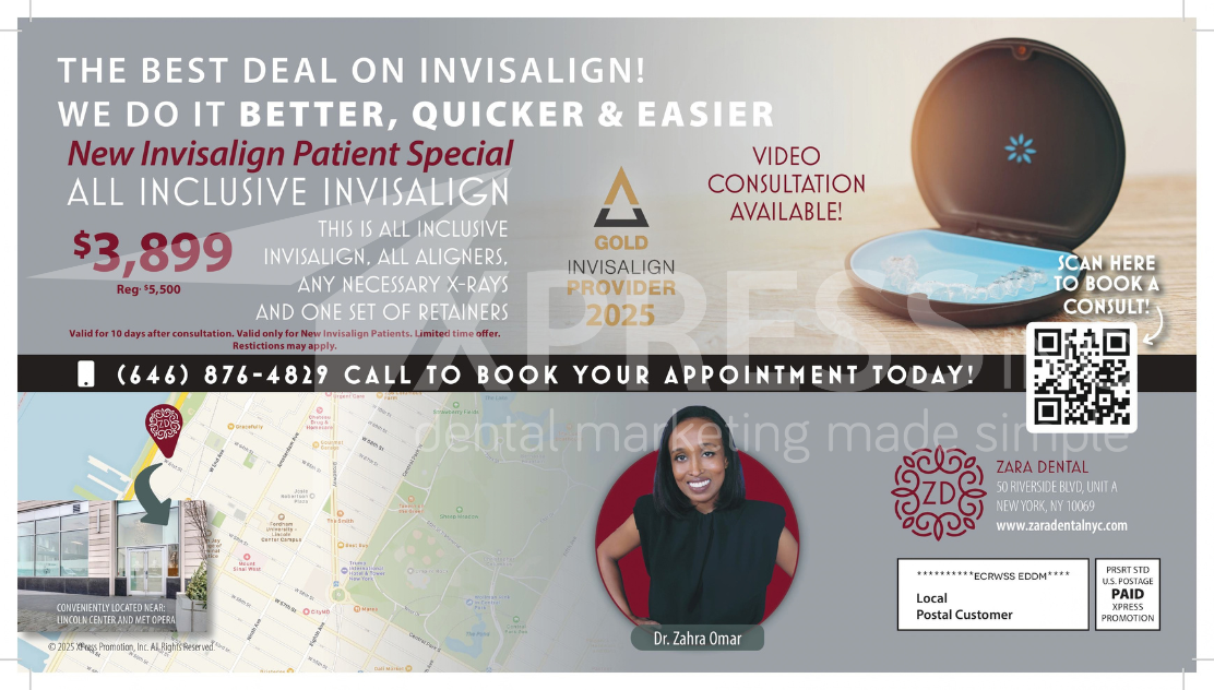 Promotional flyer for ABC Family Dentistry offering dental implants, contact information, a map, and special offers.