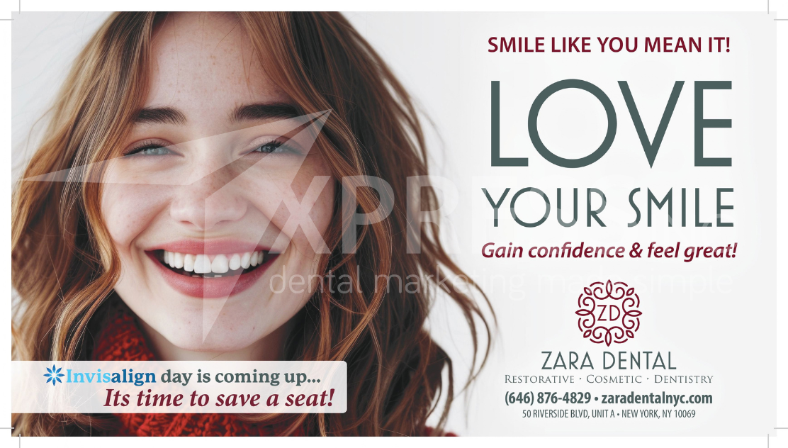 Dental implant advertisement featuring a smiling person holding a phone and contact information for ABC Family Dentistry.