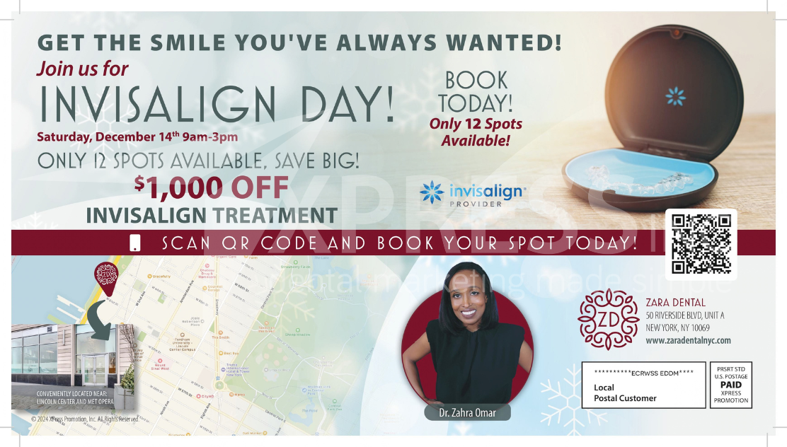 Promotional flyer for ABC Family Dentistry offering dental implants, contact information, a map, and special offers.