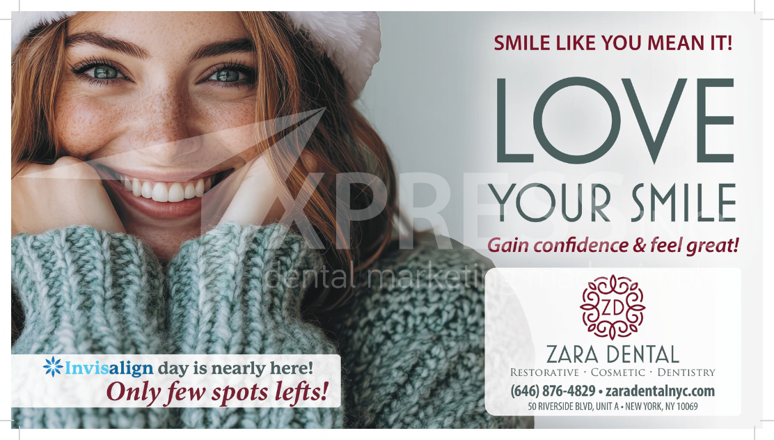 Dental Wellness Center advertisement with a person eating an apple, a dental implant diagram, and contact information.