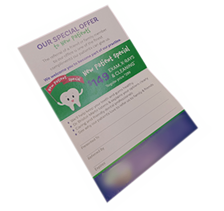 A folded promotional card featuring a group of smiling children above a green banner reading 