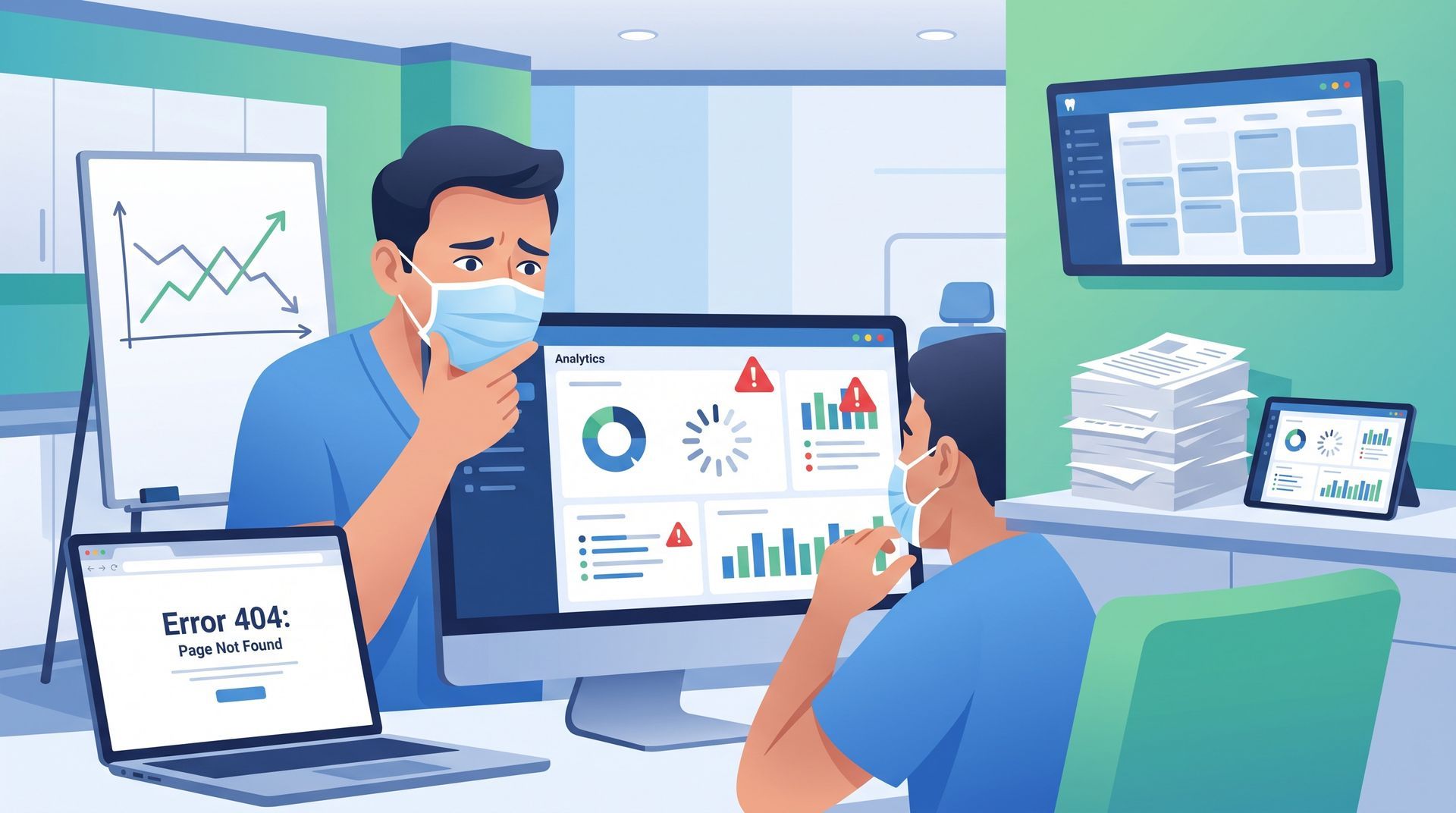 Doctor and patient reviewing health data on a computer in a modern clinic office.