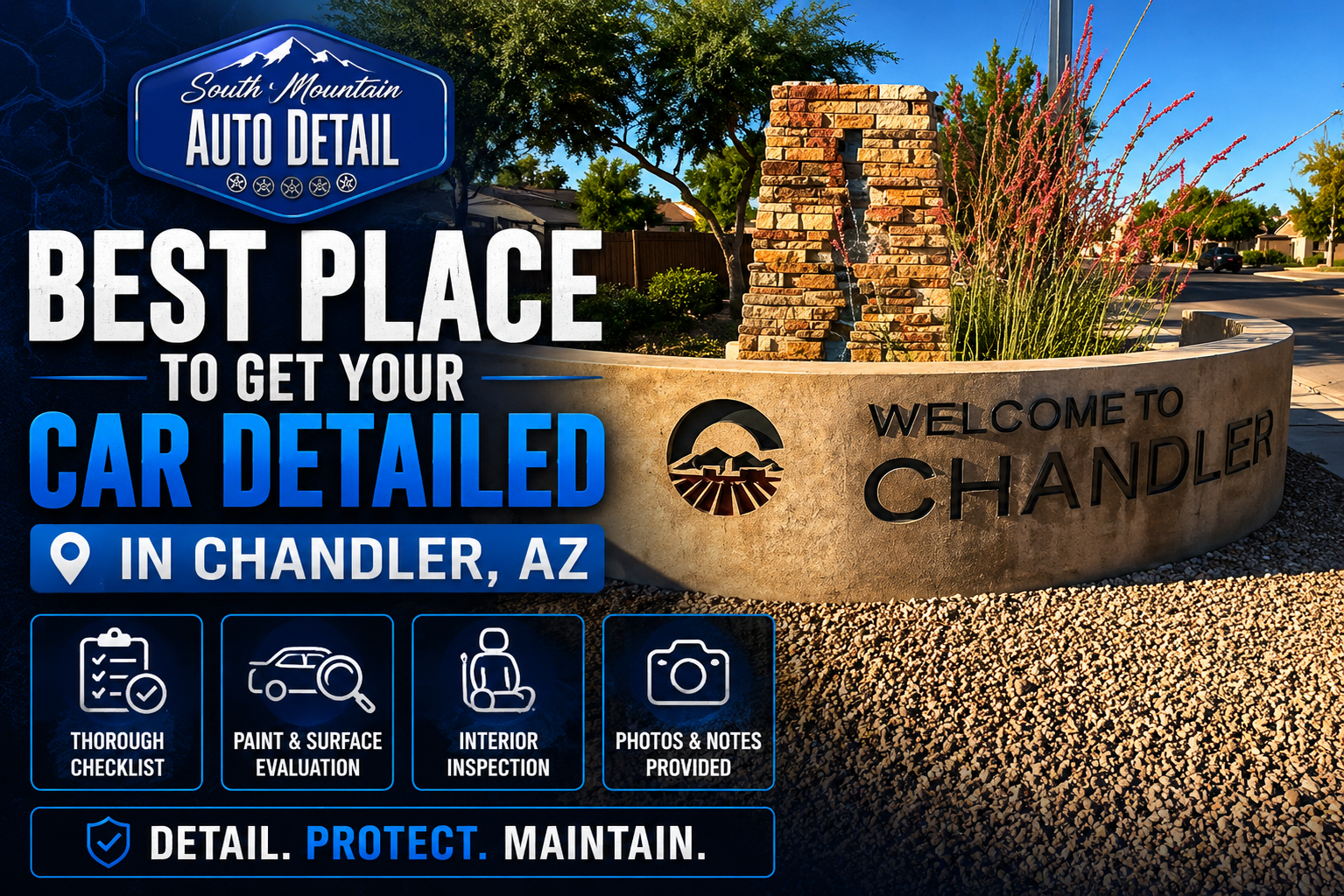 Auto detail ad: “Best place to get your car detailed in Chandler, AZ” with Welcome to Chandler sign.