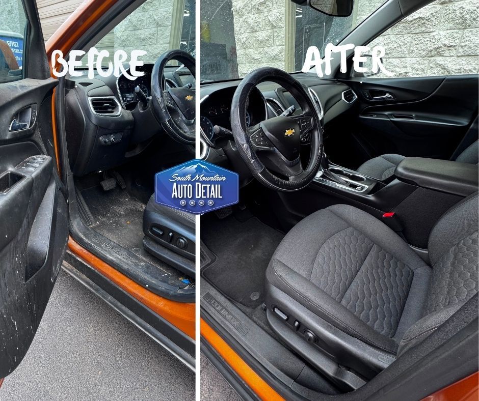 Before and after interior detail on an orange Chevy car at South Mountain Auto Detail in Chandler, Arizona