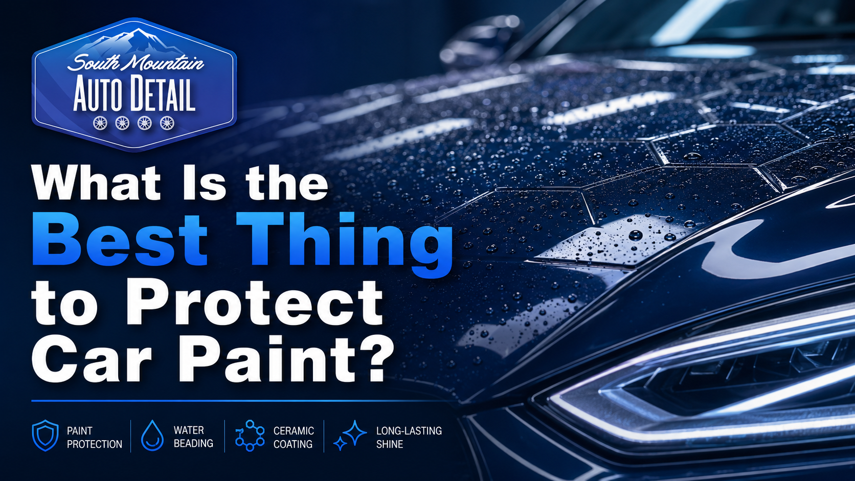 Blue car with water droplets and headline: “What Is the Best Thing to Protect Car Paint?”