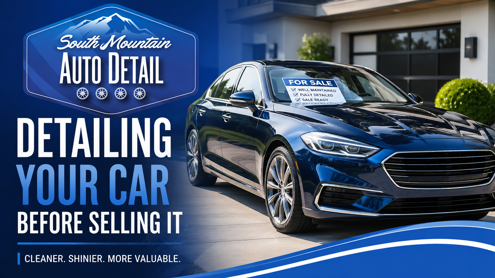 Blue car detailing ad with glossy sedan, “Detailing your car before selling it” text, and Auto Detail logo