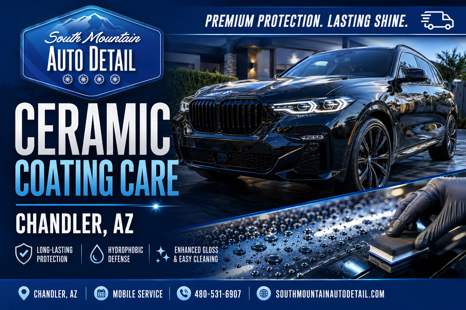 Black luxury sedan at auto detail shop with “Ceramic Coating Care” and Chandler, AZ promo text