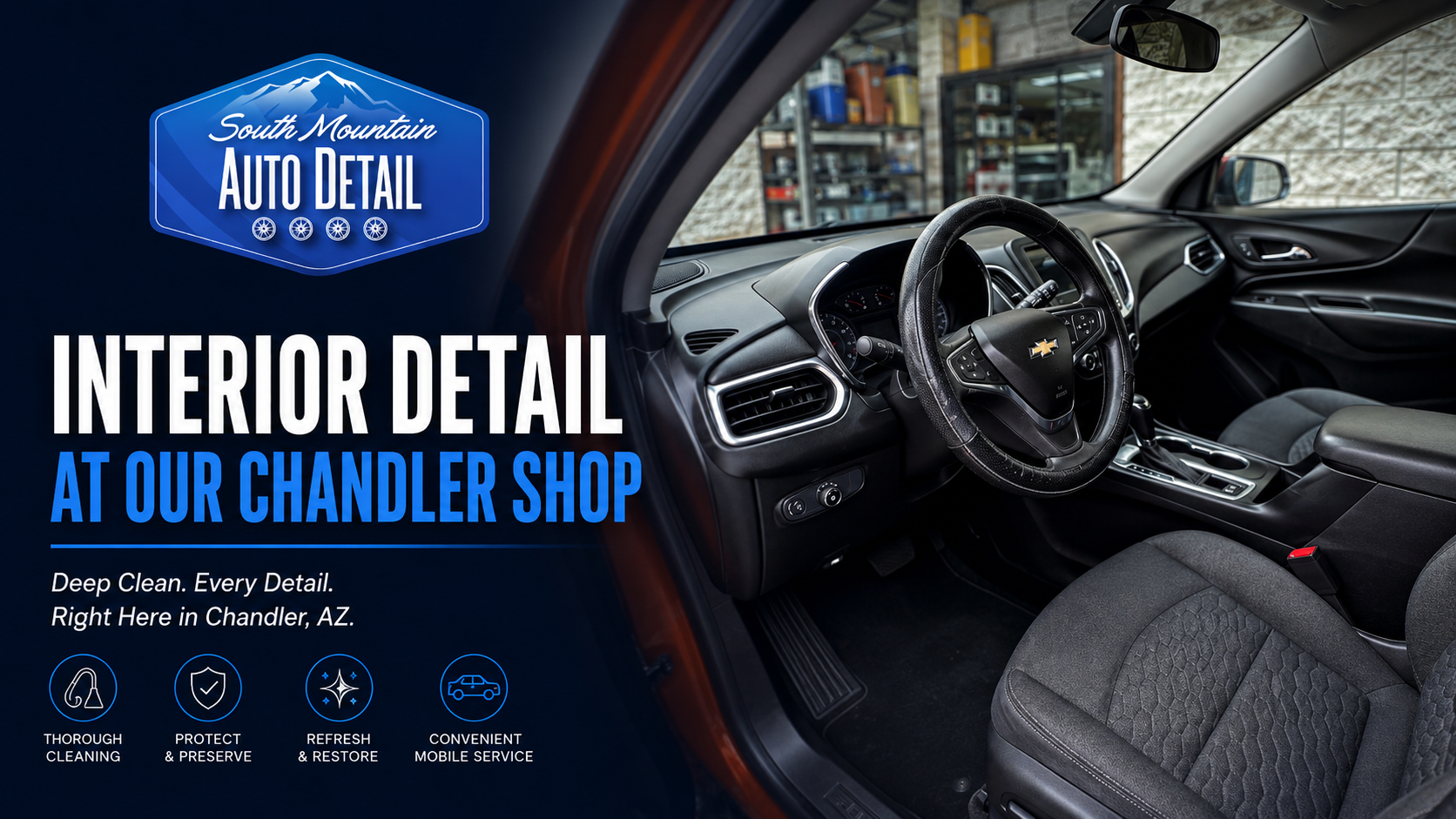 Interior detail ad for a black car’s dashboard and seats, promoting Chandler shop services