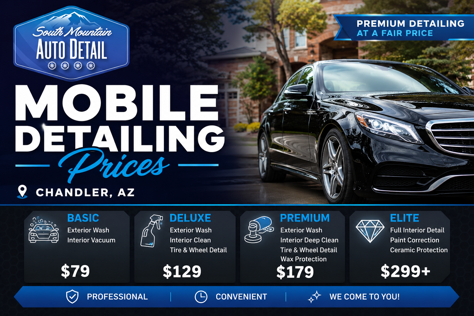 Mobile detailing ad with black car, blue background, and pricing for basic, deluxe, premium, and elite packages.