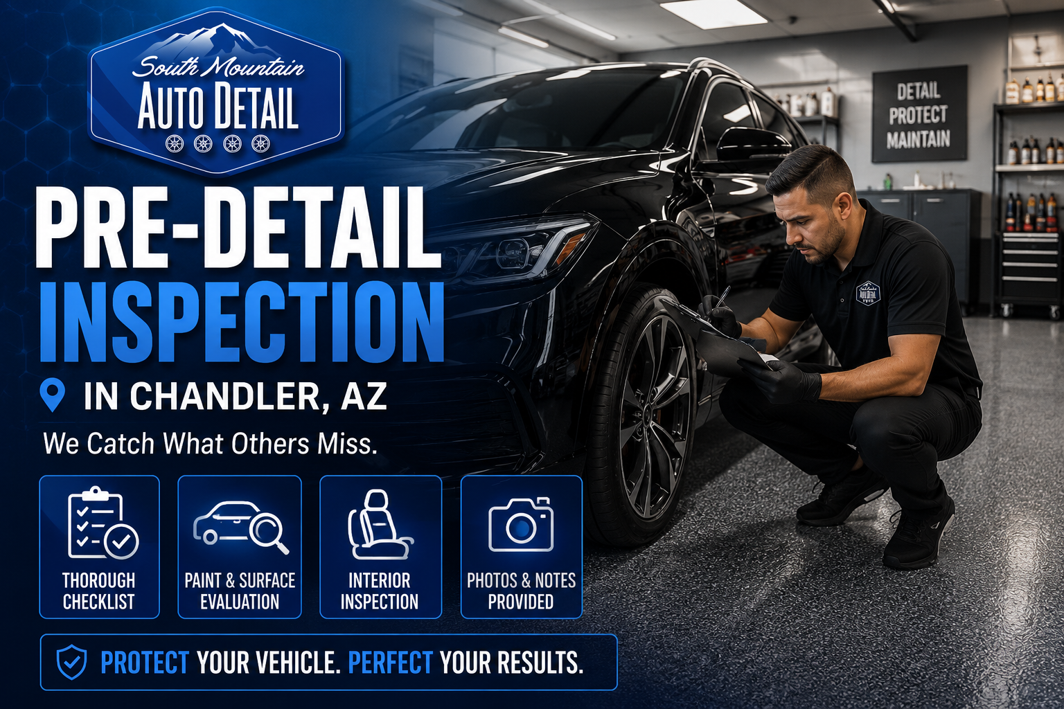 Auto detail pre-detail inspection ad with a man inspecting a black car in a garage, blue text and icons