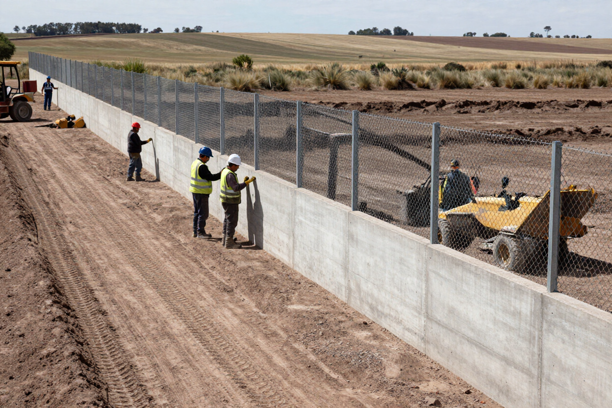 Trabajadores inspeccionan una valla de hormigón junto a un camino de tierra, con una excavadora en un campo rural