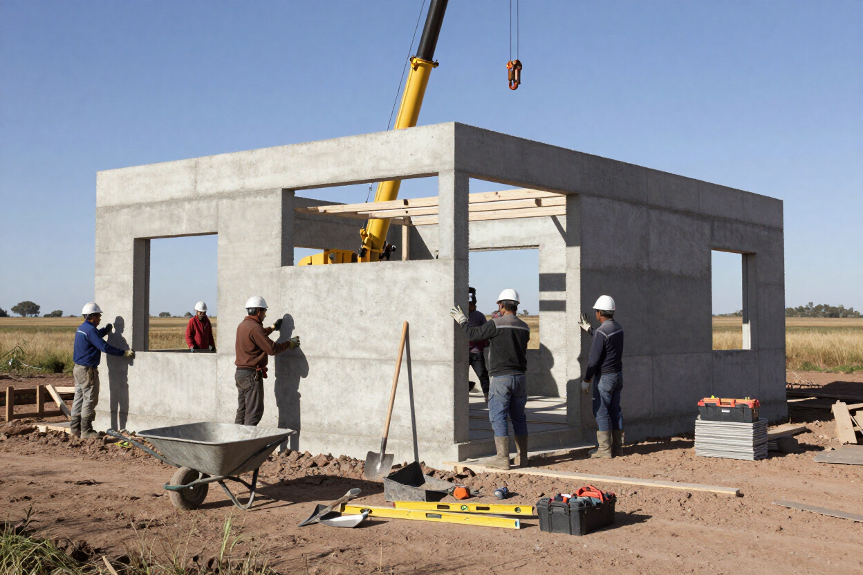 Trabajadores construyendo una estructura de hormigón con una grúa en una obra