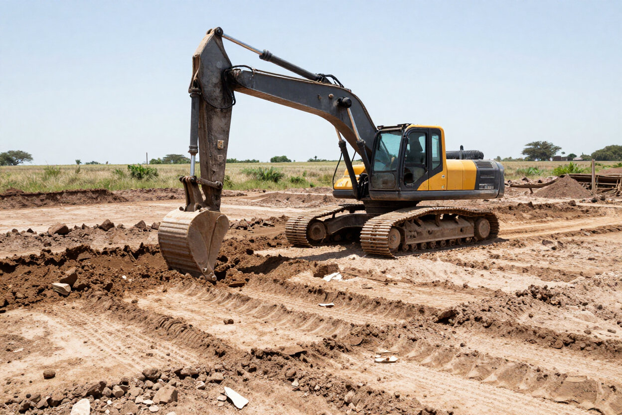Excavadora amarilla excavando tierra en una obra, con un montón de tierra al fondo