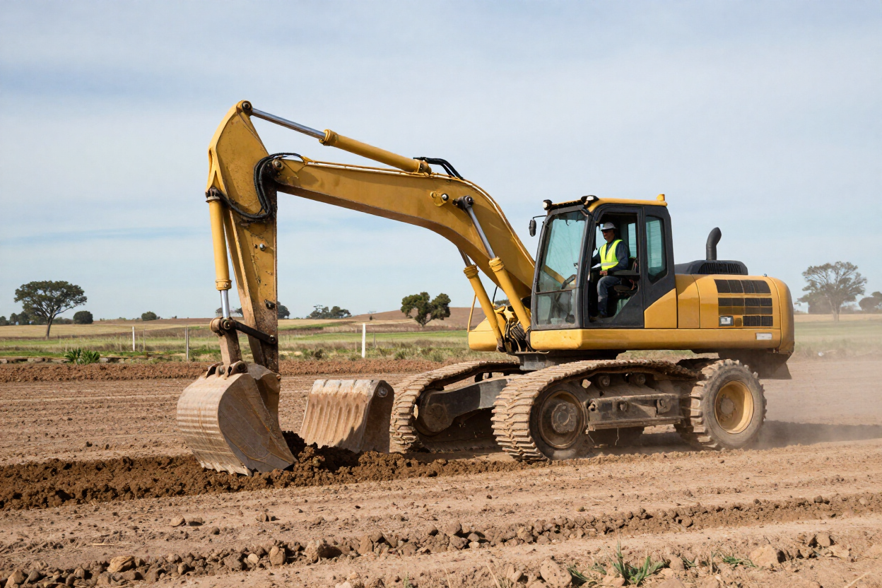 Excavadora amarilla excavando tierra en un campo de cultivo bajo un cielo despejado
