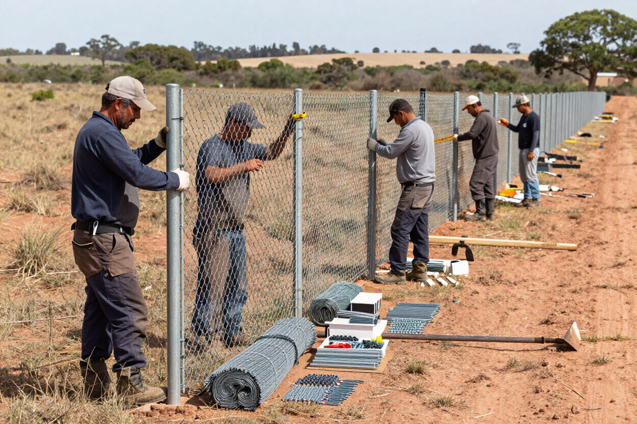 Los trabajadores instalan una cerca de malla metálica en un campo seco.