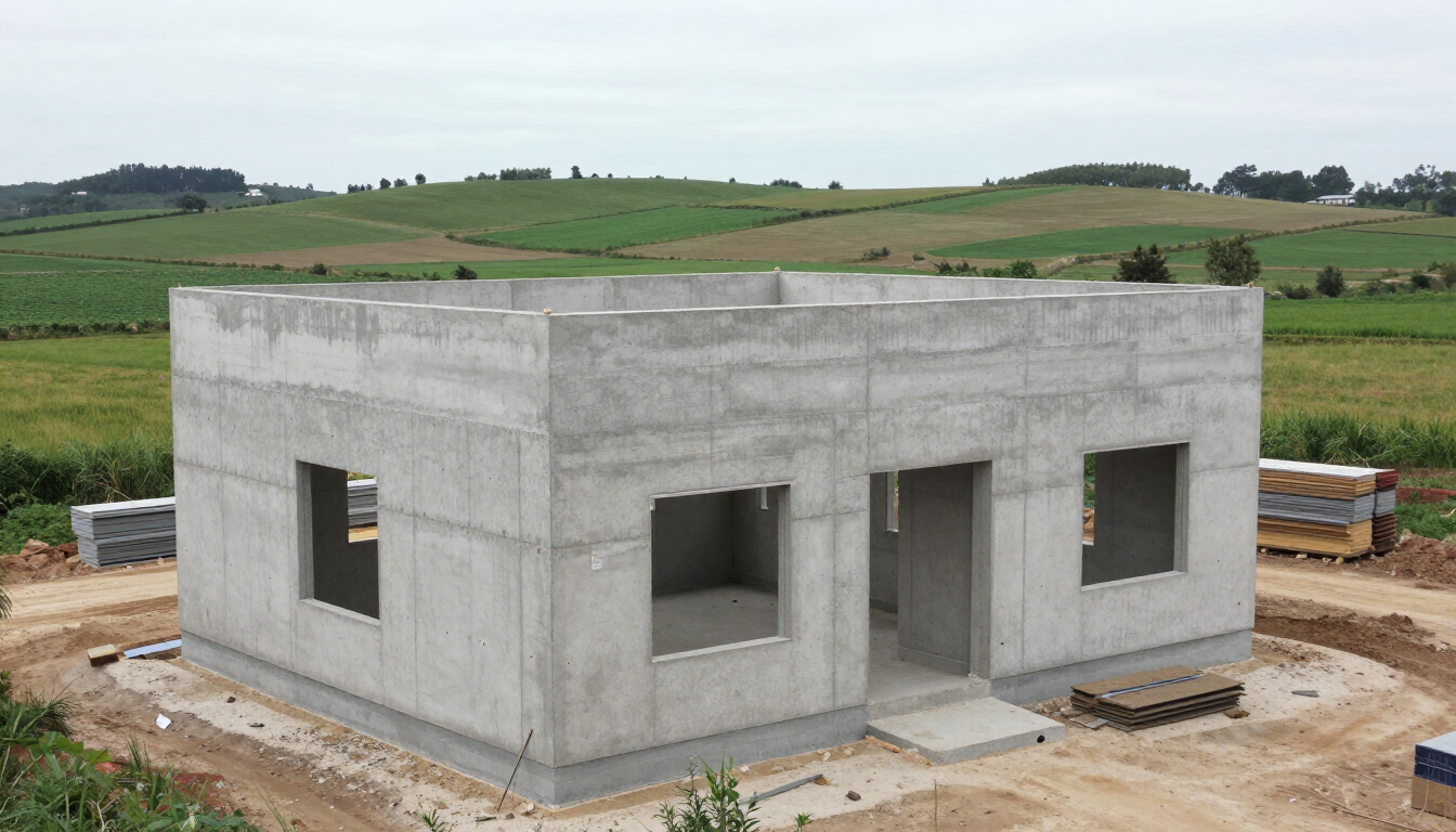 Casa de hormigón parcialmente construida en una zona rural, con campos verdes al fondo