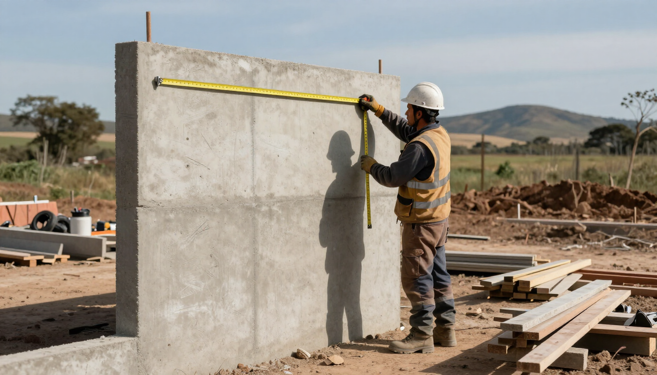Obrero de la construcción midiendo una pared de hormigón con una cinta métrica en una obra al aire libre