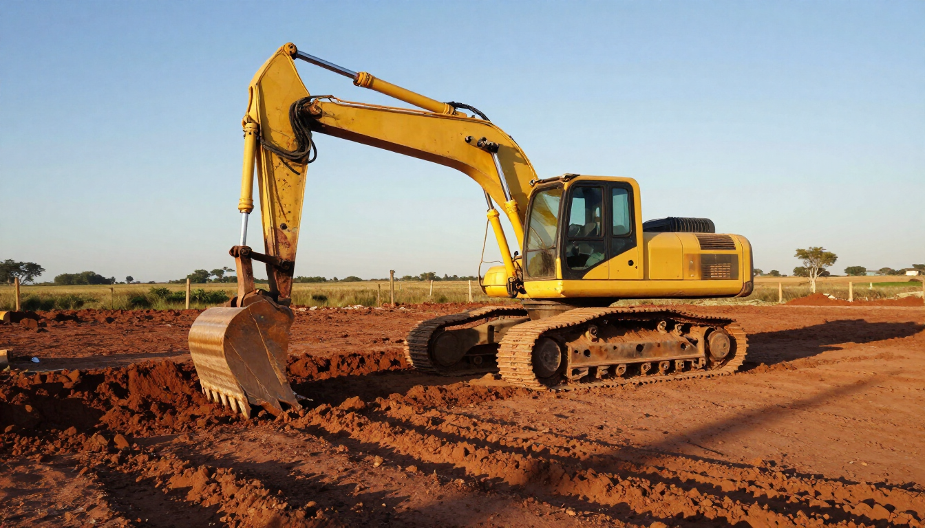 Excavadora amarilla excavando tierra en una obra bajo un cielo despejado