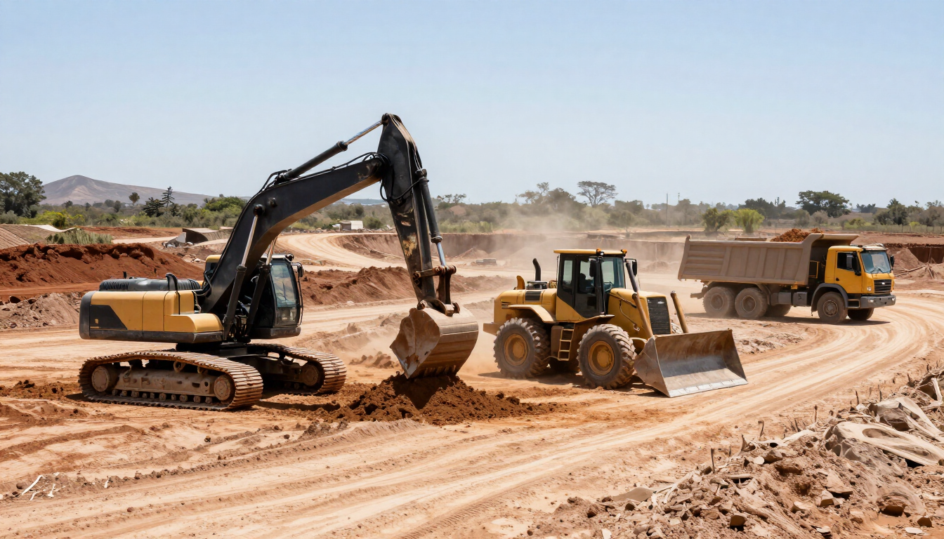 Una excavadora, una pala cargadora y un camión volquete trabajando en una obra polvorienta