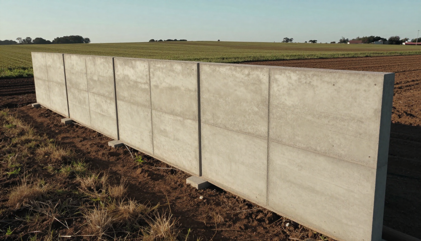 Un largo muro de hormigón junto a un campo de hierba bajo un cielo despejado