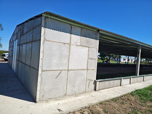 Refugio de hormigón con techo de chapa ondulada junto a una carretera asfaltada bajo un cielo azul despejado