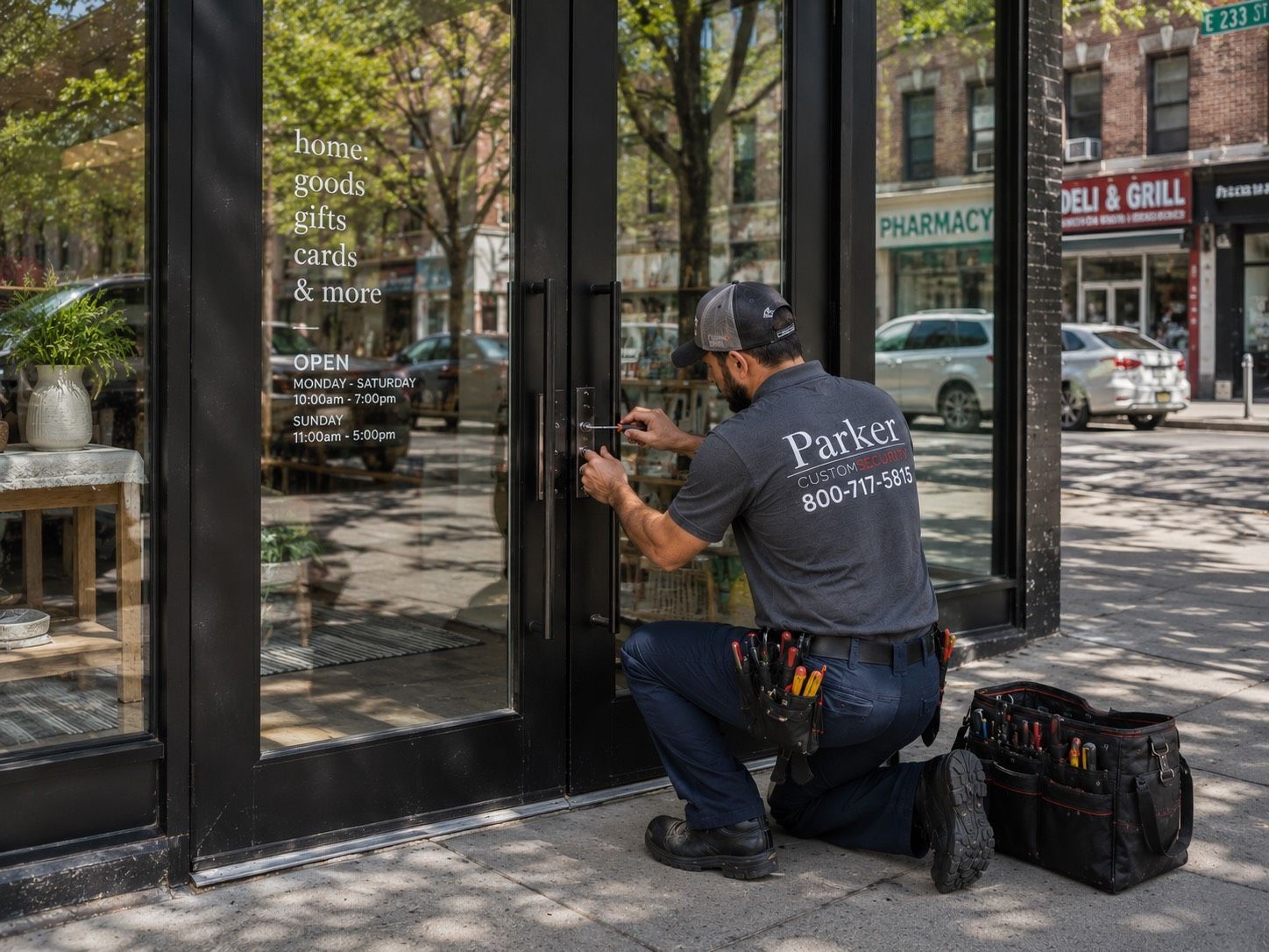 Parker Custom Security technician repairing the lock hardware on an aluminum storefront door at a street-level retail shop in the Bronx, NY
