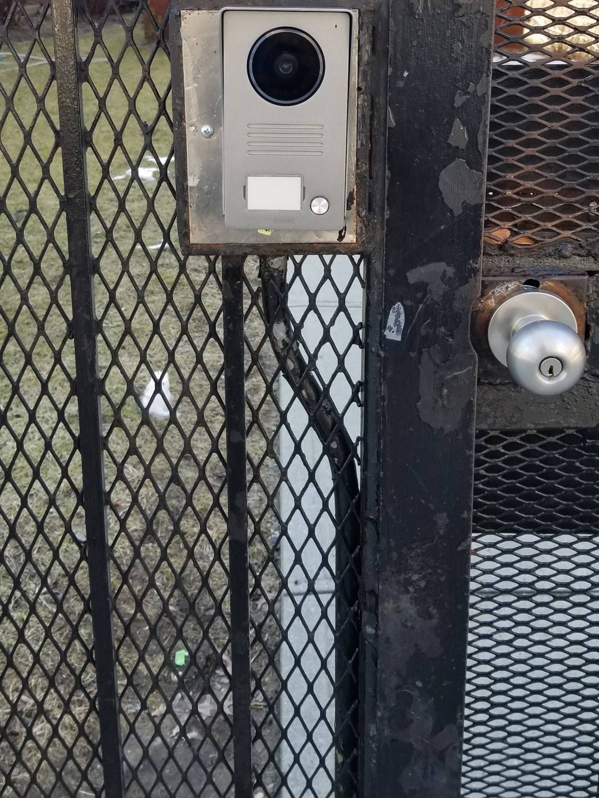 Elvox video intercom door station mounted on a steel mesh entry gate at 218 Gates Avenue, Bed-Stuy, Brooklyn