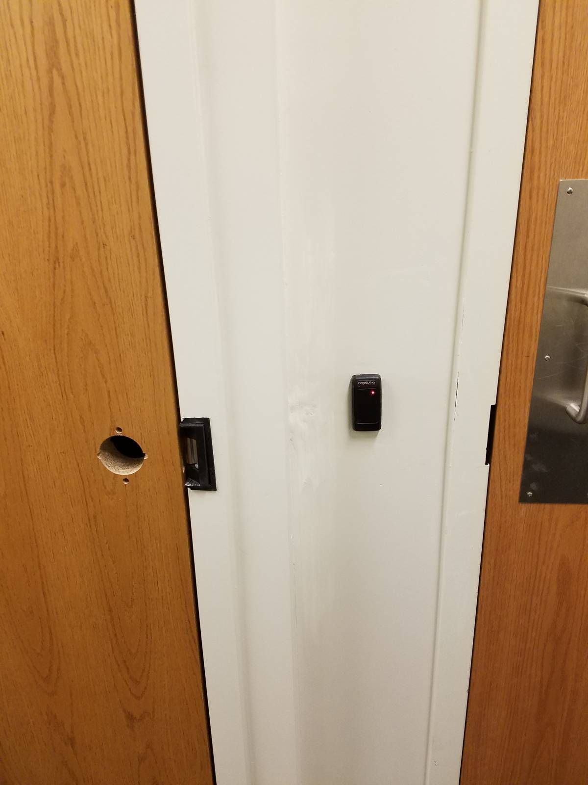 Card reader and electric strike installed at a church office door in West Orange, NJ, before the lockset