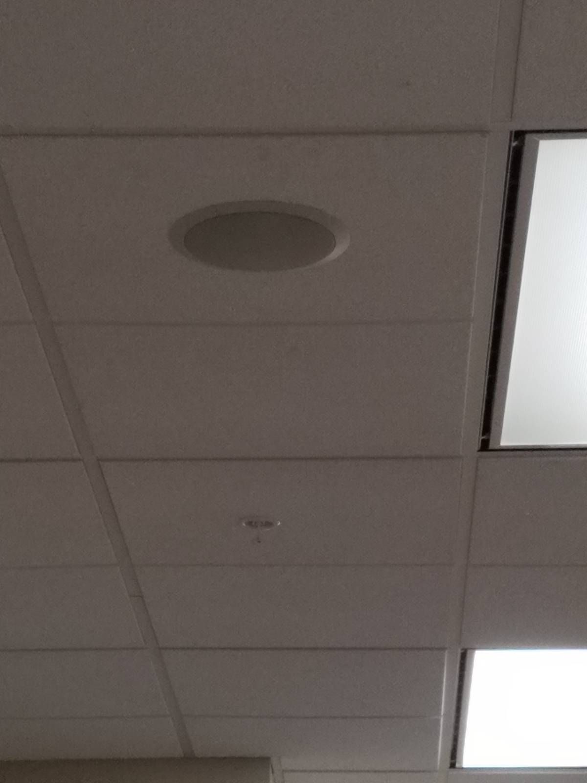 Recessed PA system ceiling speaker installed in a drop ceiling at a West Orange, NJ church