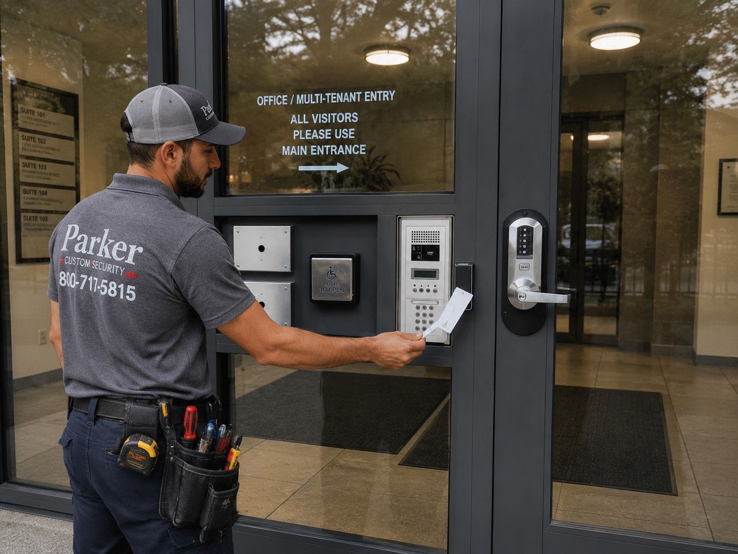 Parker Custom Security technician presenting a key card at a card-reader and keypad access control panel on a commercial multi-tenant building entrance