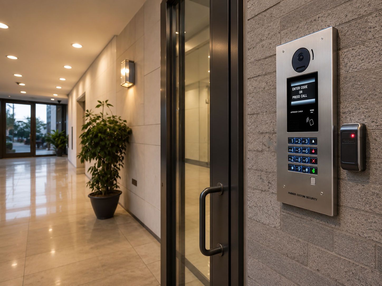 Video intercom and keypad access control panel with card reader at the lobby entrance of a commercial multi-tenant building