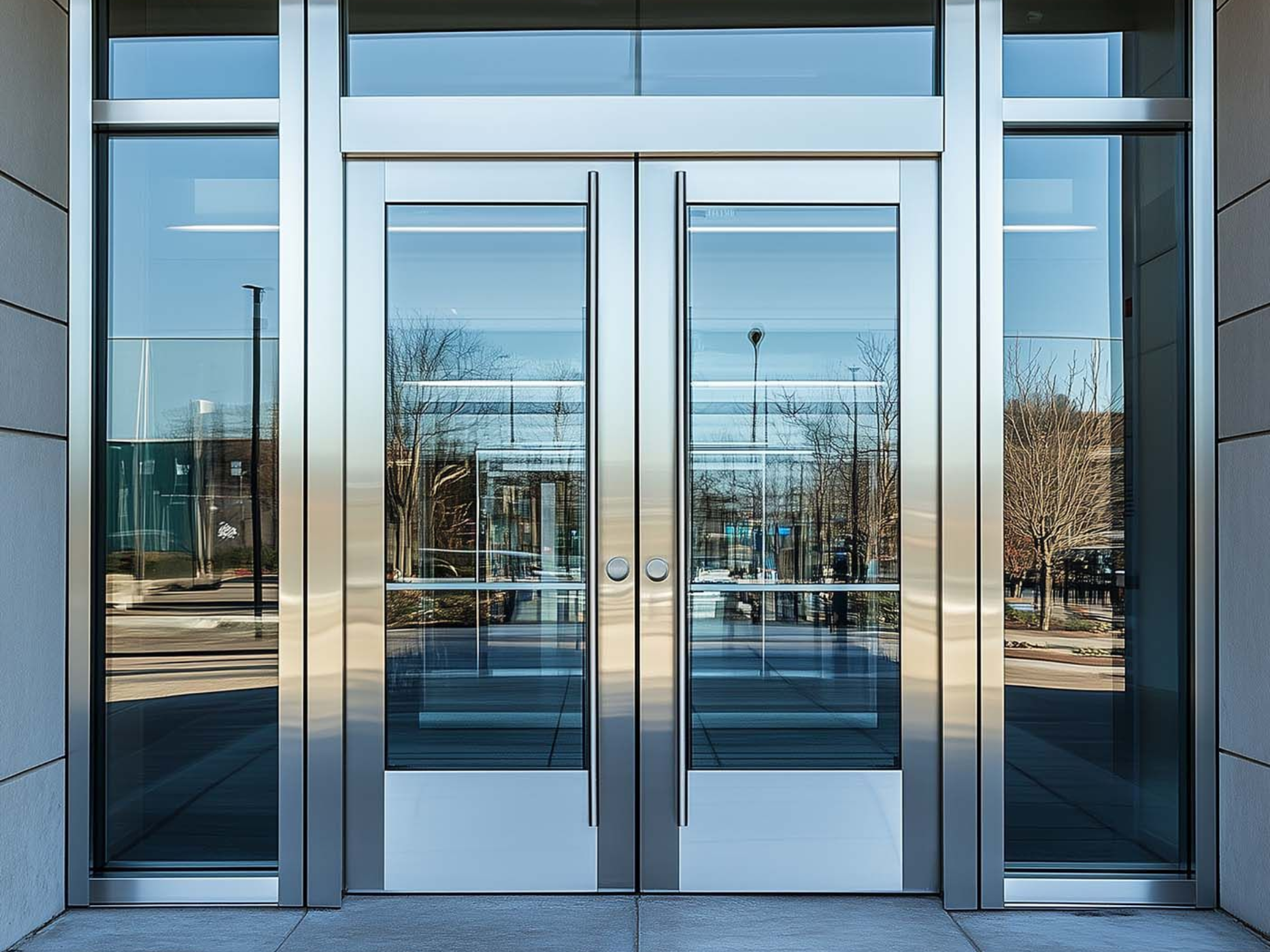 Aluminum and glass commercial storefront entrance doors of the type Parker Custom Security installs and repairs