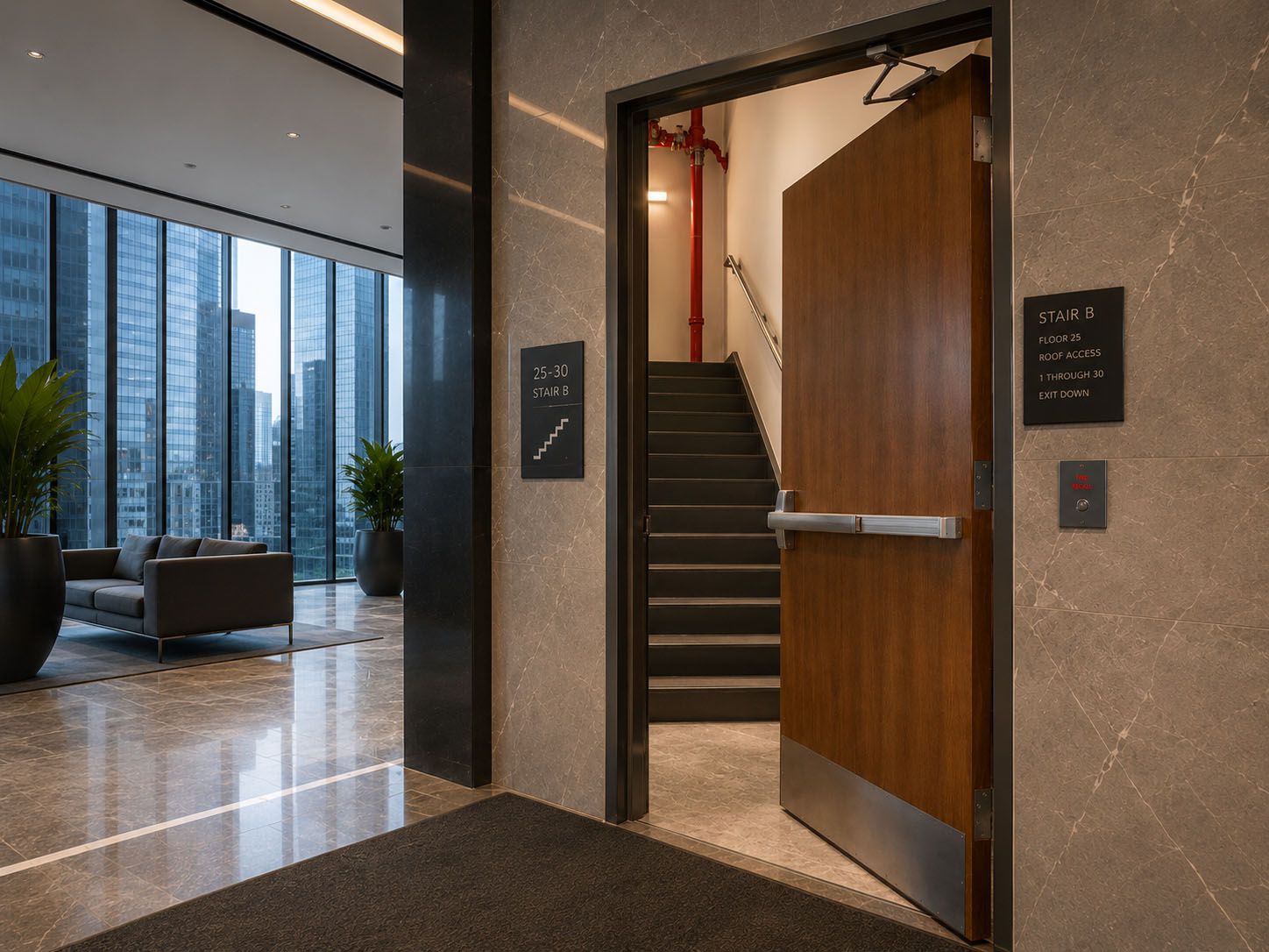 Fire-rated stairwell door with panic bar exit device and overhead closer at a Class A commercial office building in Manhattan, NY
