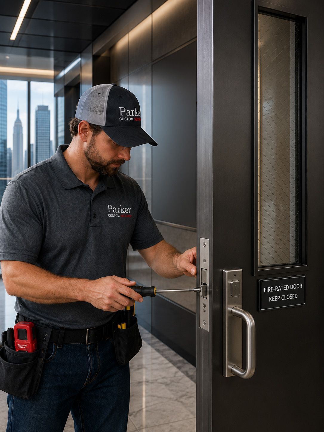 Parker Custom Security technician servicing the hardware on a commercial fire-rated door in a Class A office building in Manhattan, NY