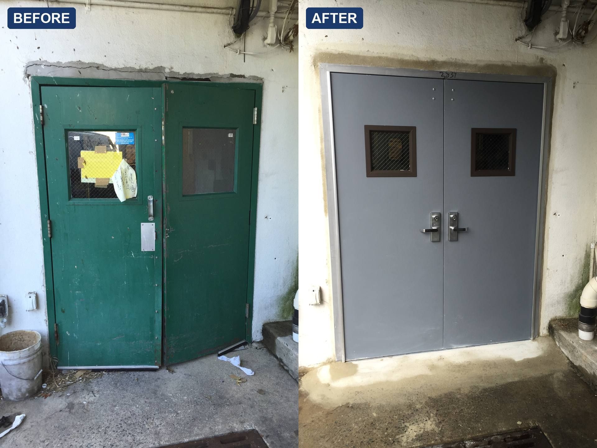 Before and after: worn green steel double doors replaced with new hollow metal doors at Kilroy's Supermarket, Glen Rock, NJ
