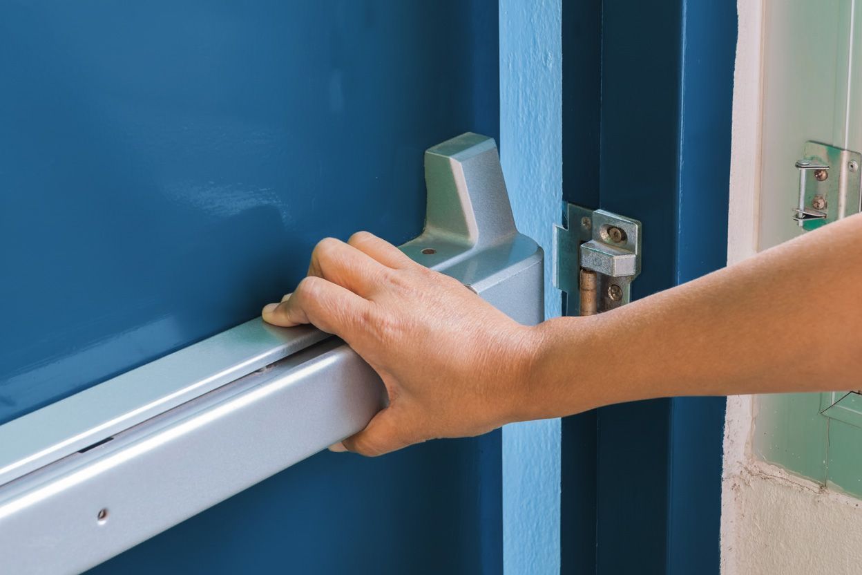 Panic bar exit device on a commercial fire-rated door being pushed open
