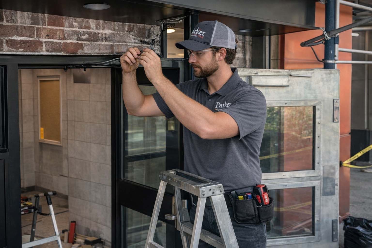 Parker Custom Security Technician installing a new door at building in NYC