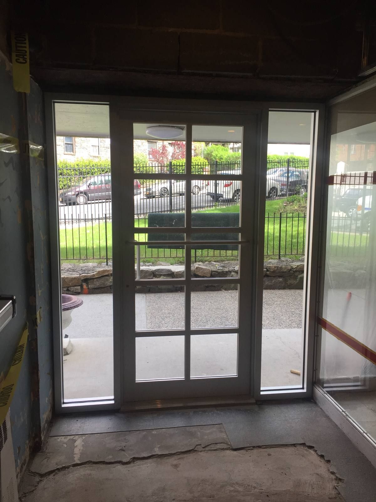 View from inside the new aluminum vestibule toward the street at 101 Highland Avenue, Yonkers