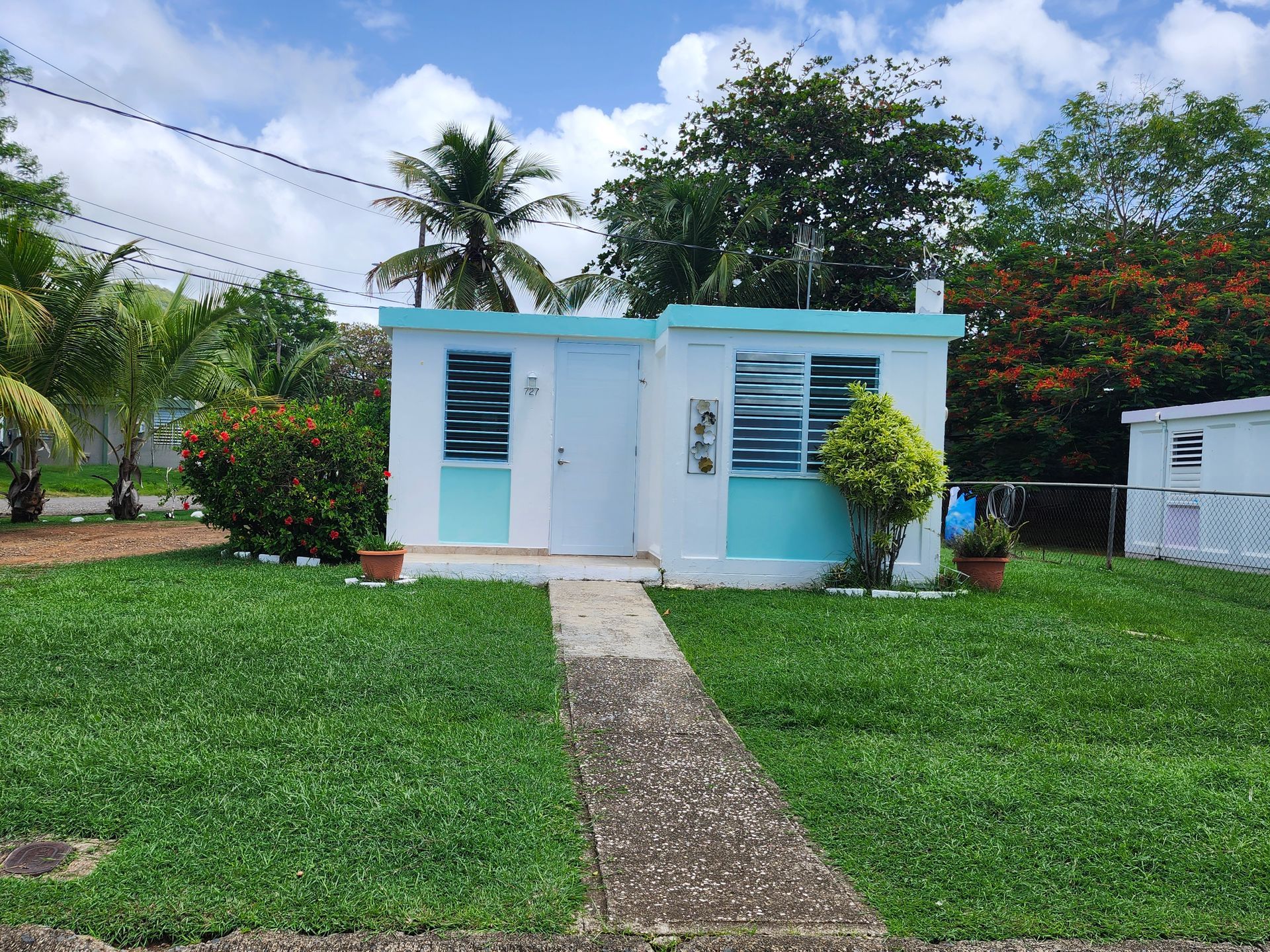Small white and blue house with a front walkway, green lawn, and palm trees under a bright sky