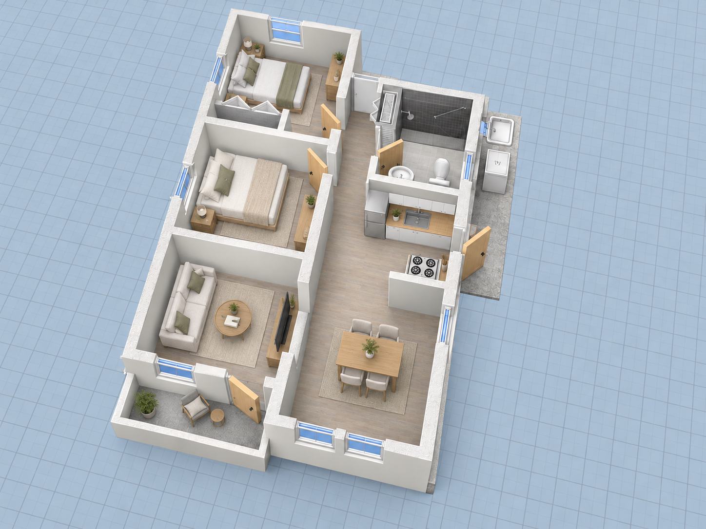 3D-rendered top-down view of a small furnished apartment floor plan with rooms and furniture.
