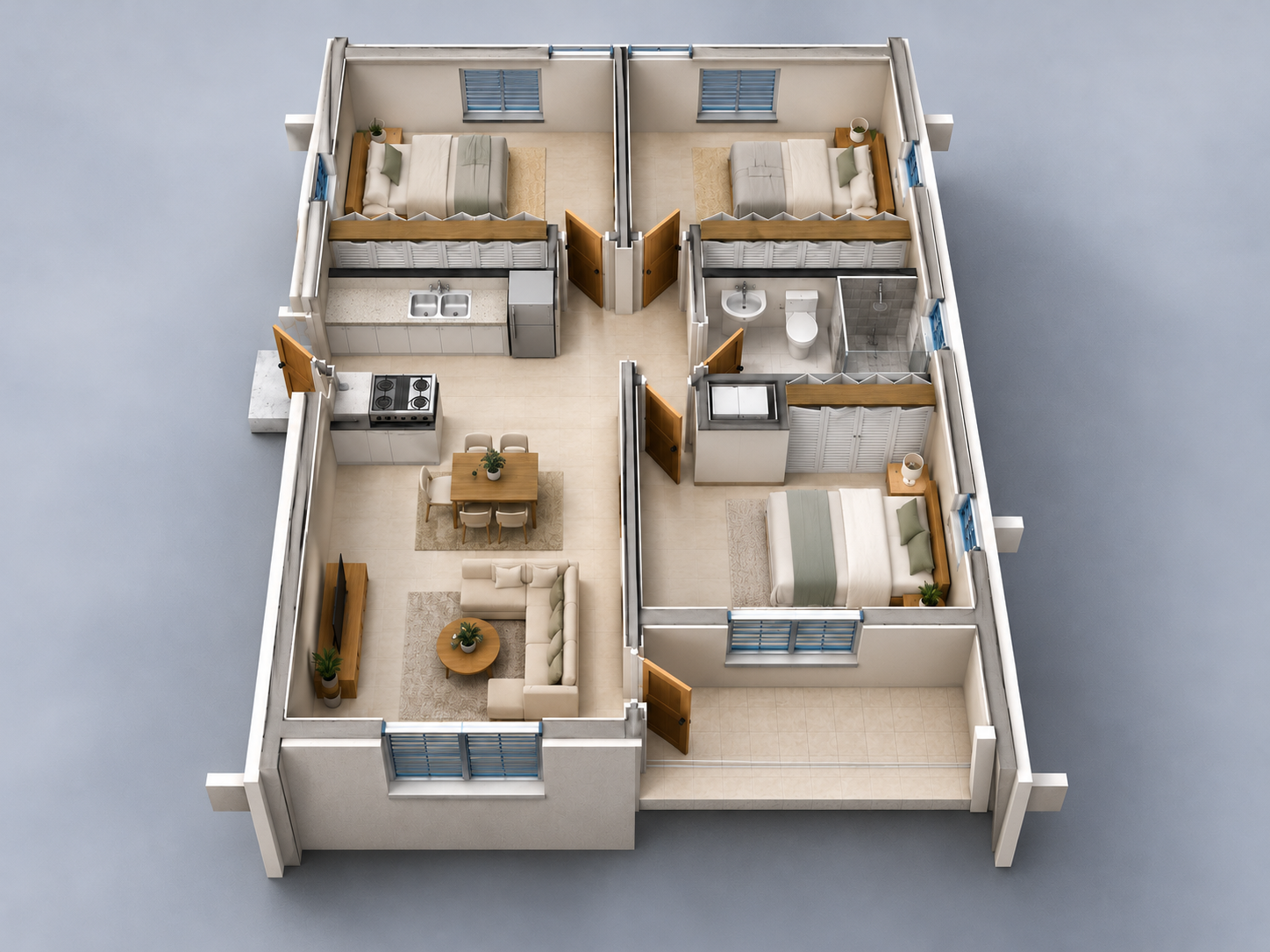 3D cutaway of a small furnished apartment with living room, kitchen, bath, and bedroom