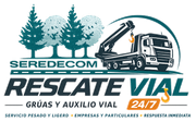 Logotipo de Seredecom de rescate en carretera con gr&uacute;a, &aacute;rboles y texto "Rescate Vial 24/7"