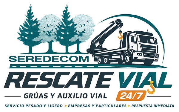 Logotipo de Seredecom de rescate en carretera con gr&uacute;a, &aacute;rboles y texto "Rescate Vial 24/7"
